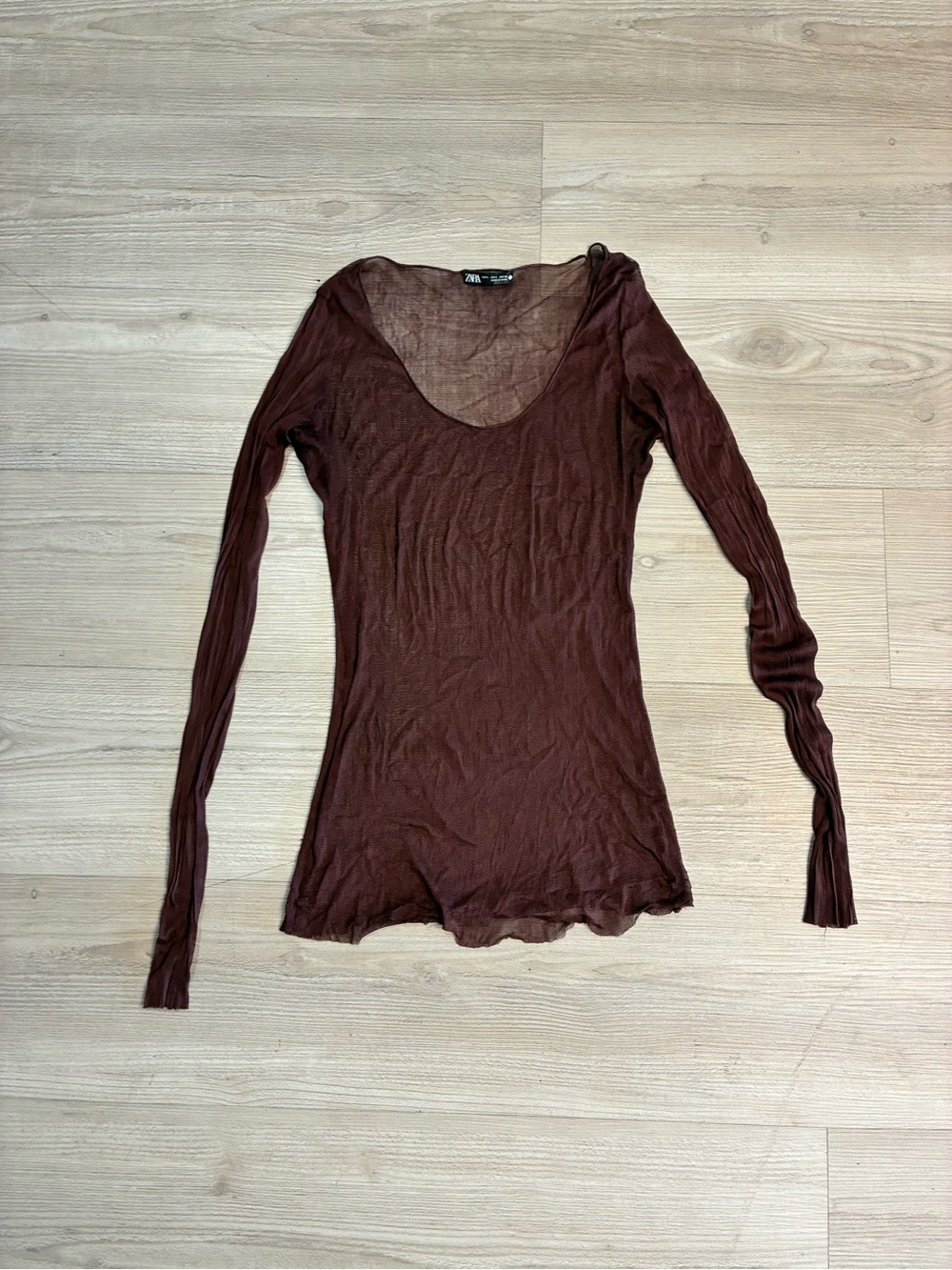 Zara Brown Sheer Scoop Neck Long-Sleeve Top